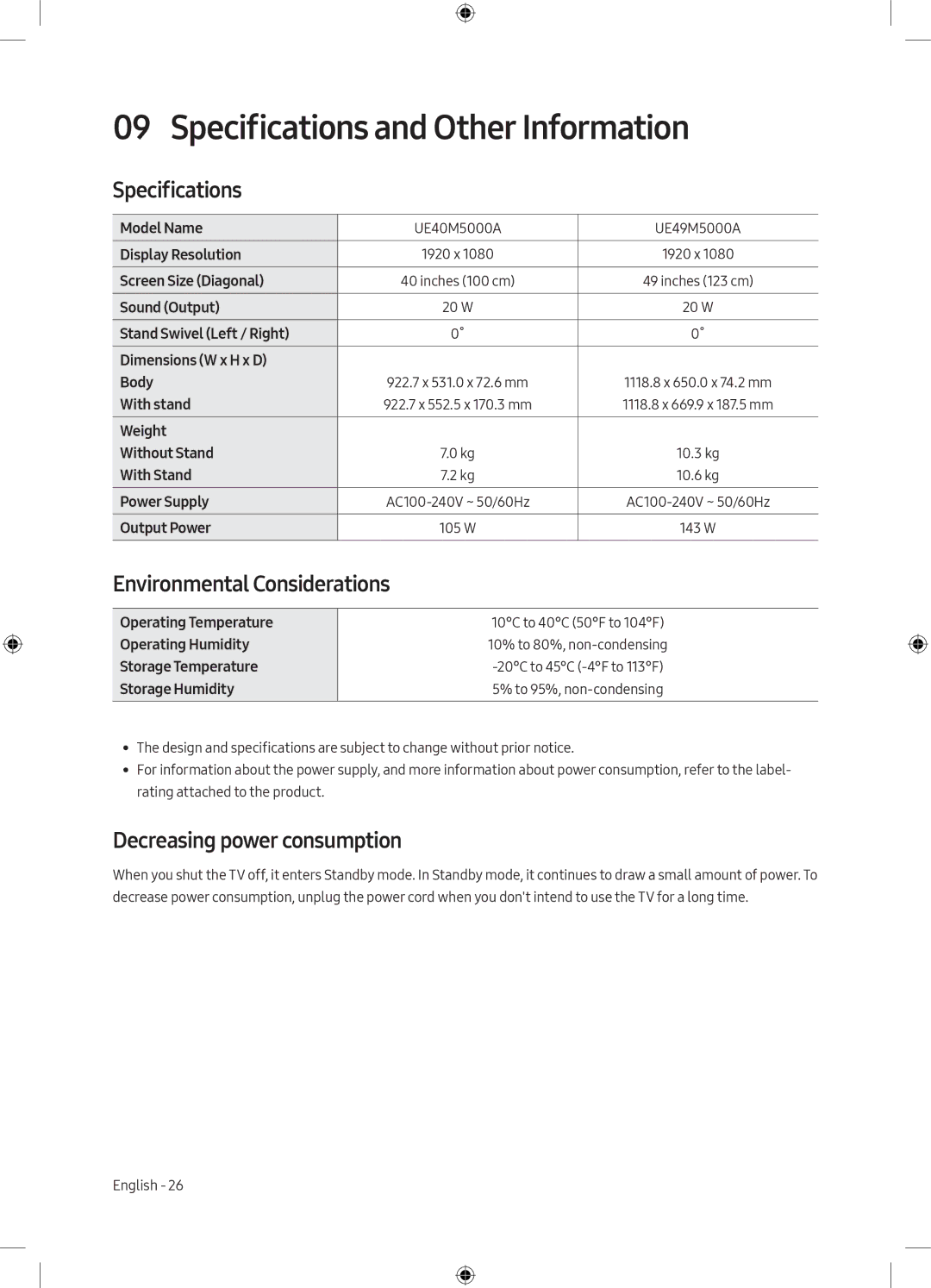 Samsung UE40M5000AUXRU Specifications and Other Information, Environmental Considerations, Decreasing power consumption 