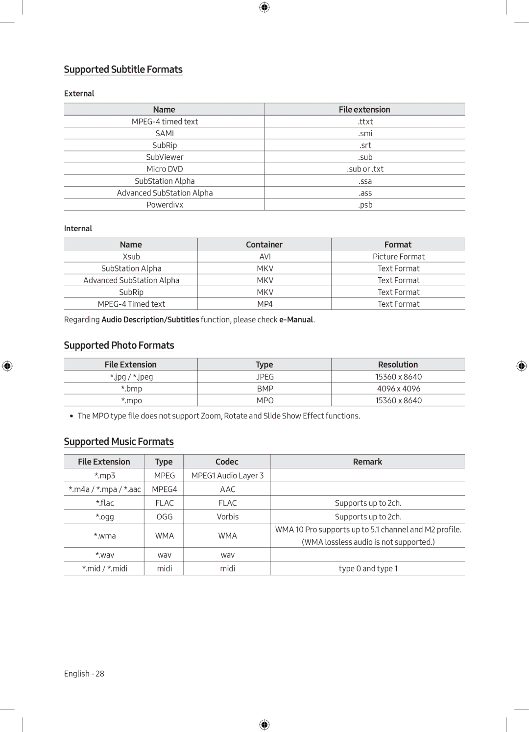 Samsung UE40M5000AUXRU, UE49M5000AUXRU manual Supported Subtitle Formats, Supported Photo Formats, Supported Music Formats 