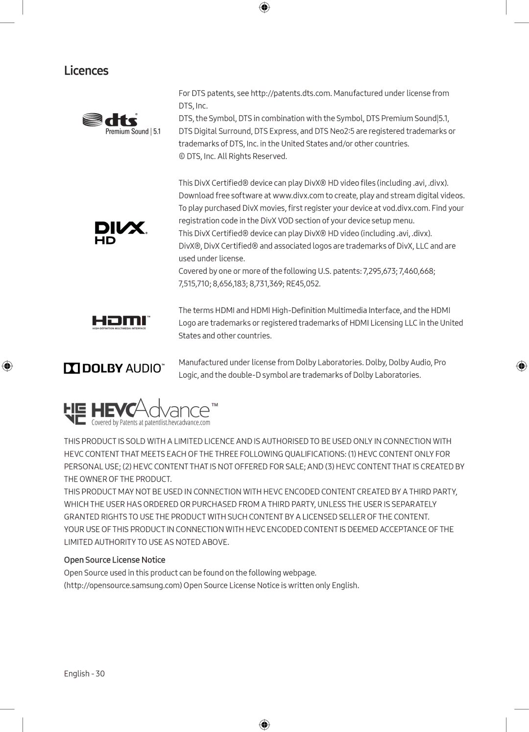 Samsung UE40M5000AUXRU, UE49M5000AUXRU manual Licences, Open Source License Notice 