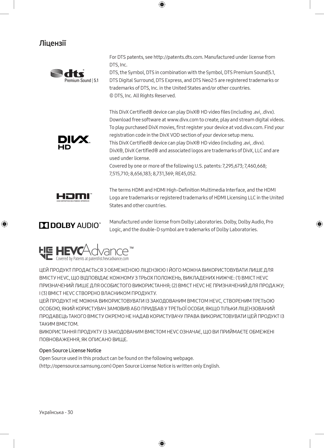 Samsung UE40M5000AUXRU, UE49M5000AUXRU manual Ліцензії, Open Source License Notice 