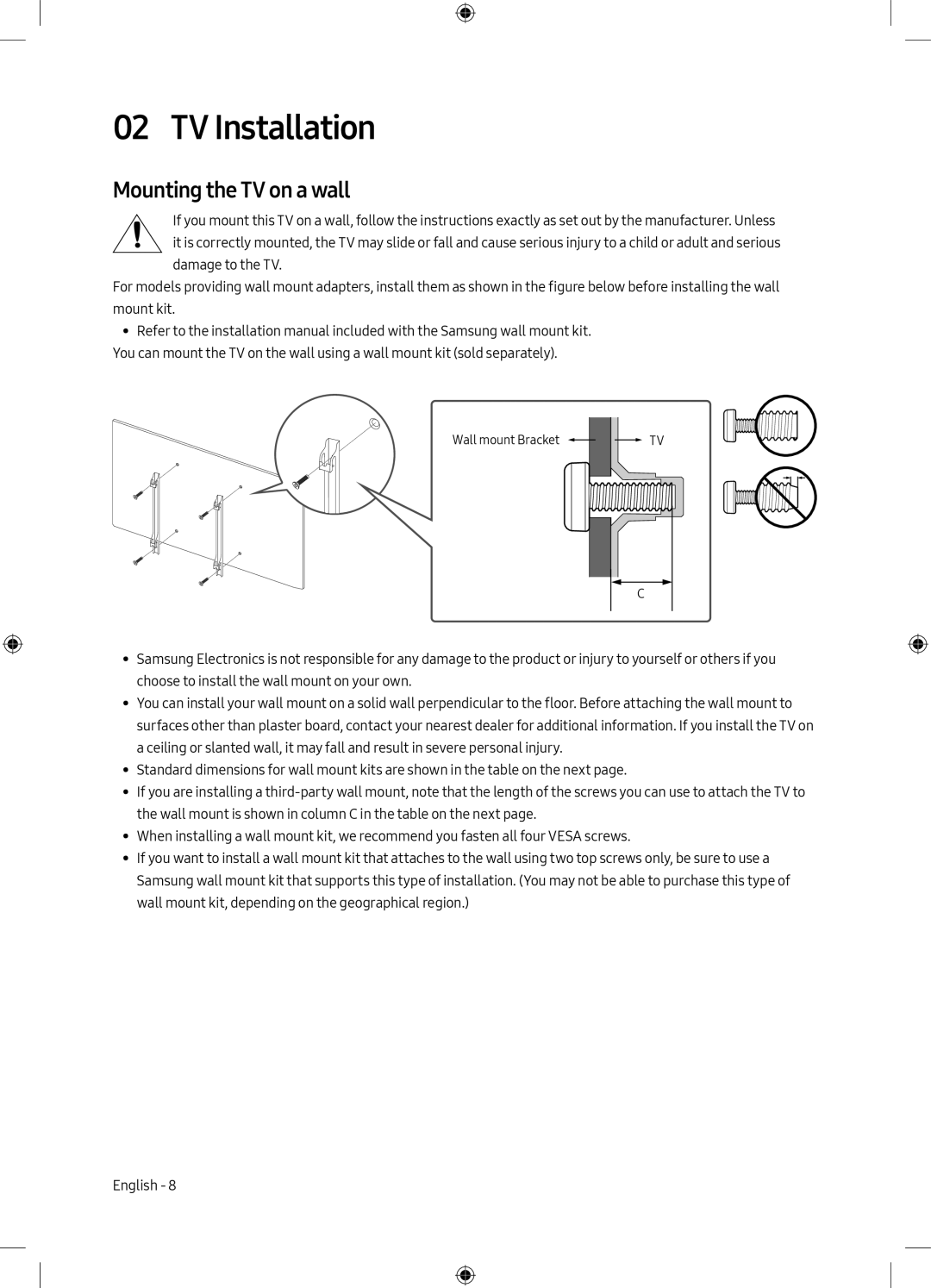 Samsung UE40M5000AWXXN, UE49M5000AWXXN manual TV Installation, Mounting the TV on a wall 