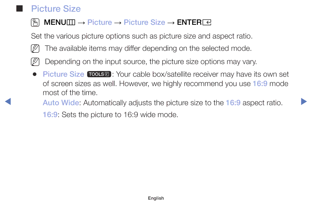 Samsung UE49M5000AWXXN, UE40M5075AUXXC, UE49M5075AUXXC, UE32M5075AUXXC manual OO MENUm → Picture → Picture Size → Entere 