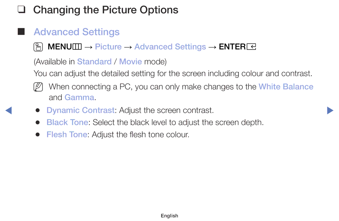 Samsung UE40M5075AUXXC, UE49M5075AUXXC Changing the Picture Options, OO MENUm → Picture → Advanced Settings → Entere 