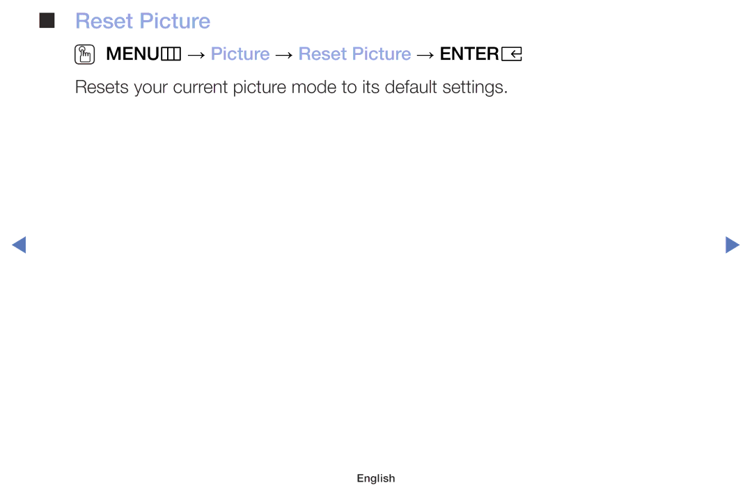 Samsung UE40M5005AWXXC, UE40M5075AUXXC, UE49M5075AUXXC, UE32M5075AUXXC manual OO MENUm → Picture → Reset Picture → Entere 