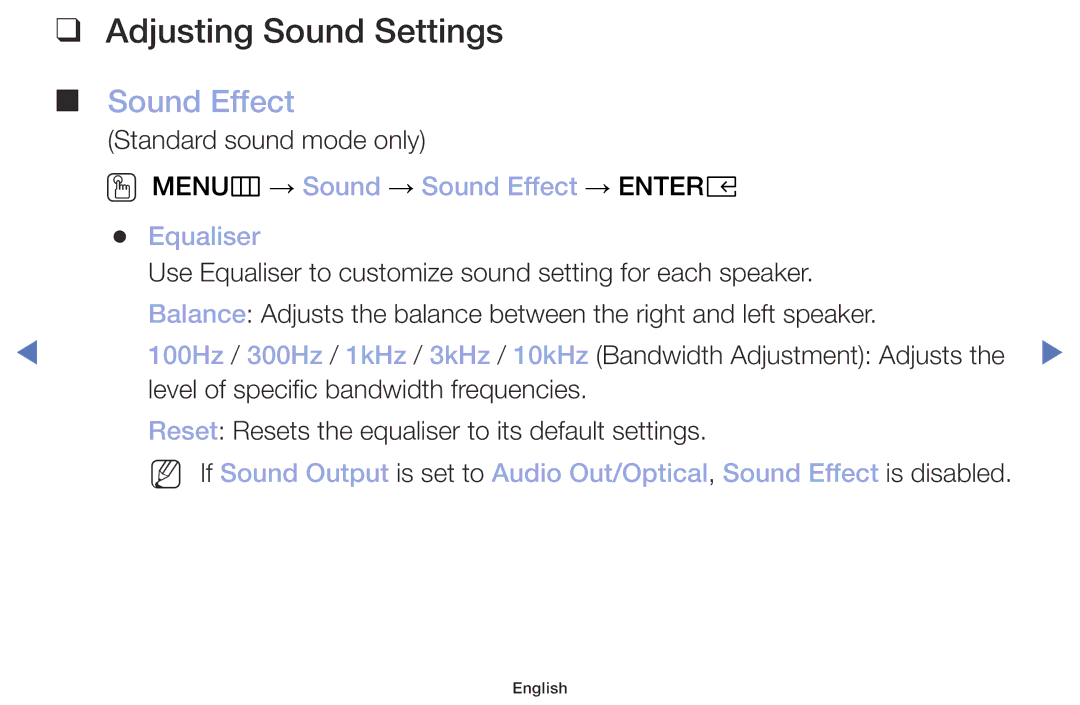 Samsung UE49M5000AWXXN, UE40M5075AUXXC Adjusting Sound Settings, OO MENUm → Sound → Sound Effect → Entere Equaliser 