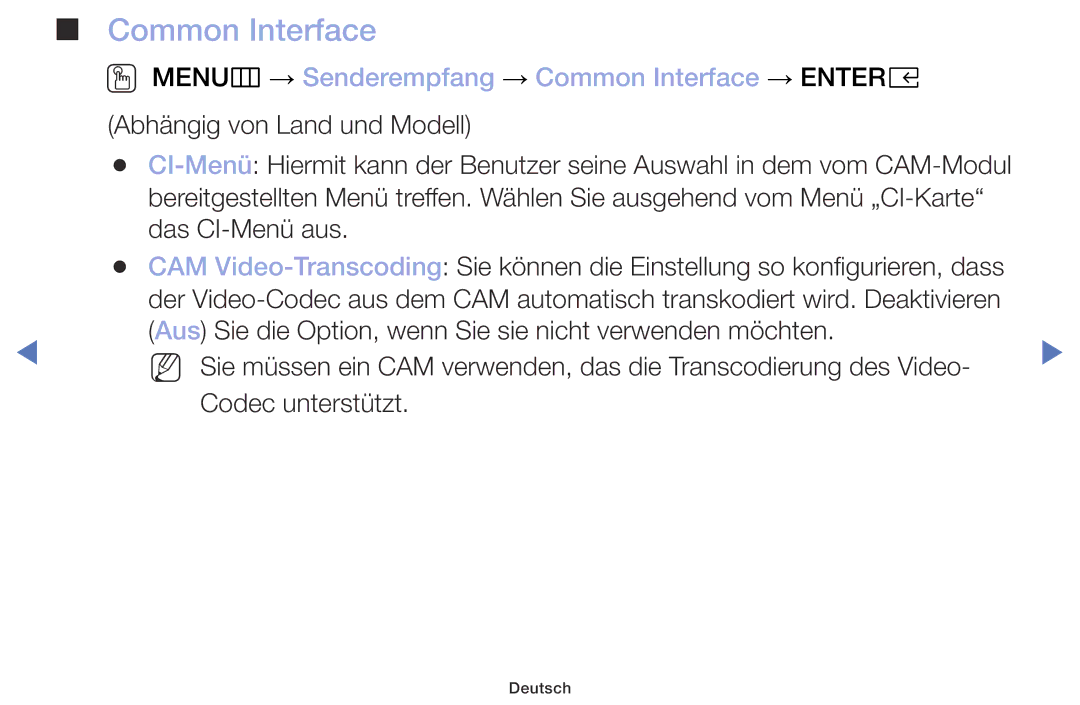 Samsung UE40M5005AWXXC, UE40M5075AUXXC, UE49M5075AUXXC manual OO MENUm → Senderempfang → Common Interface → Entere 