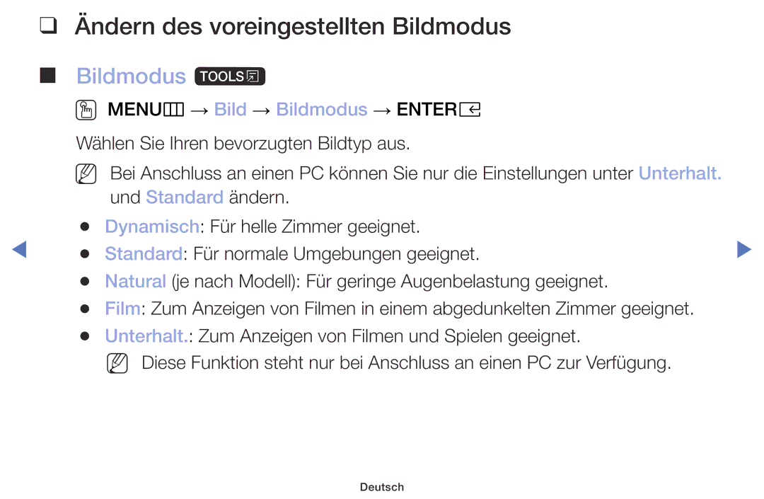 Samsung UE49M5075AUXXC, UE40M5075AUXXC, UE32M5075AUXXC, UE32M4005AKXXC Ändern des voreingestellten Bildmodus, Bildmodus t 