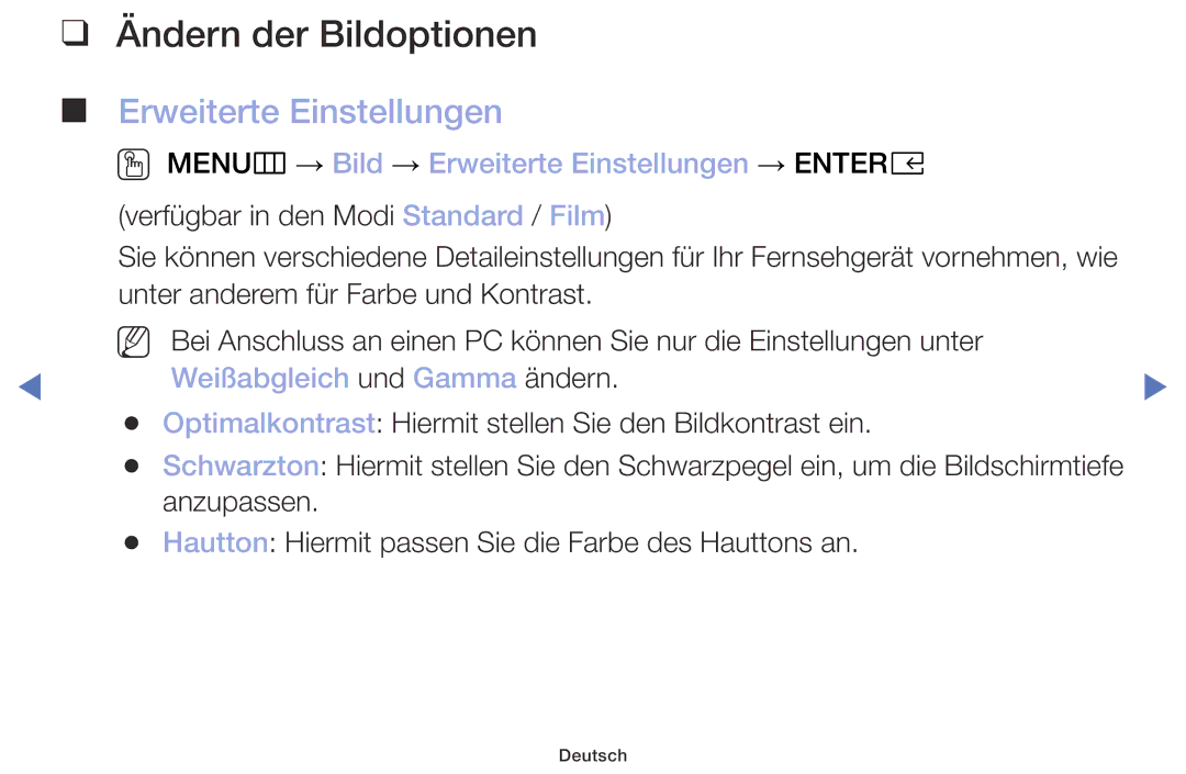 Samsung UE32M4005AKXXC, UE40M5075AUXXC Ändern der Bildoptionen, Erweiterte Einstellungen, Weißabgleich und Gamma ändern 