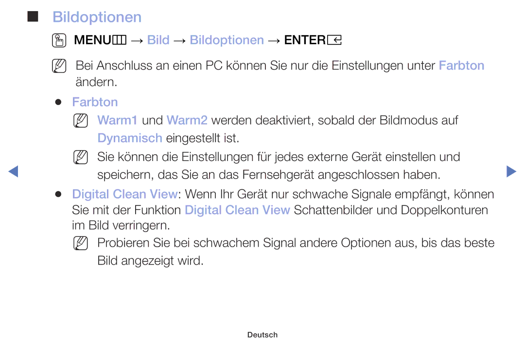 Samsung UE40M5005AWXXC, UE40M5075AUXXC, UE49M5075AUXXC, UE32M5075AUXXC OO MENUm → Bild → Bildoptionen → Entere, Farbton 