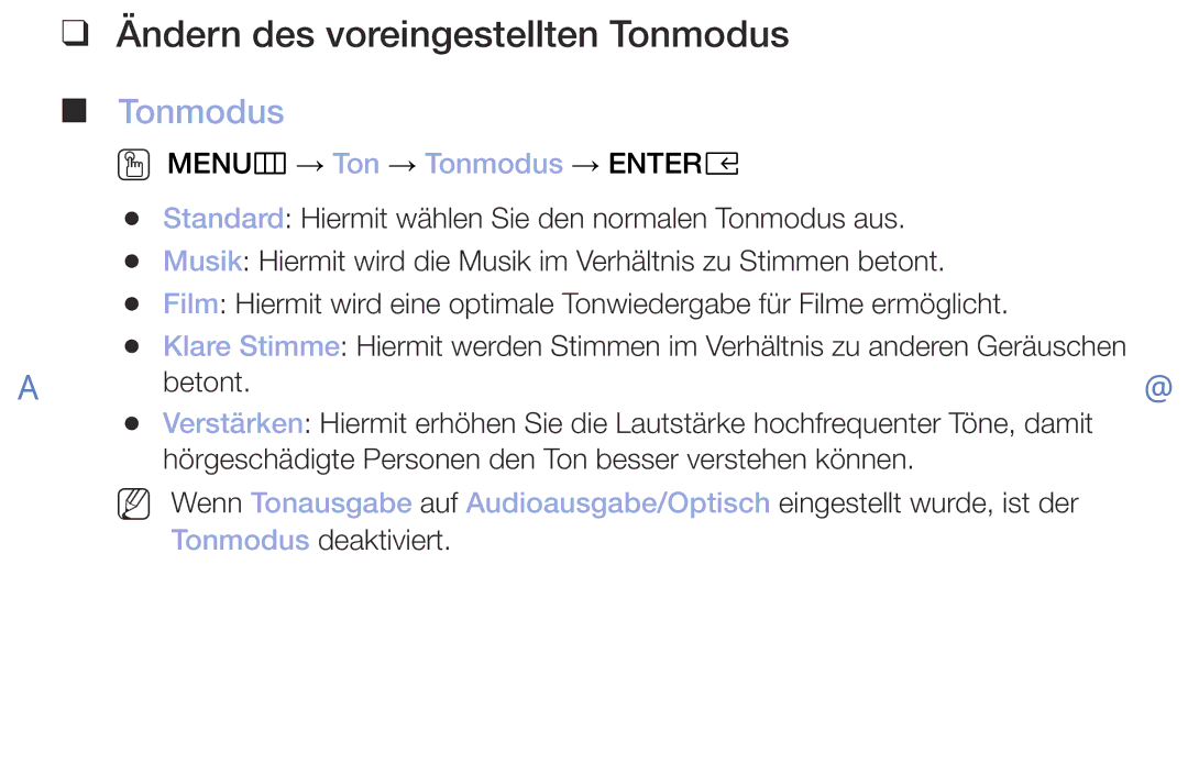 Samsung UE40M5005AWXXC, UE40M5075AUXXC, UE49M5075AUXXC, UE32M5075AUXXC, UE32M4005AKXXC Ändern des voreingestellten Tonmodus 