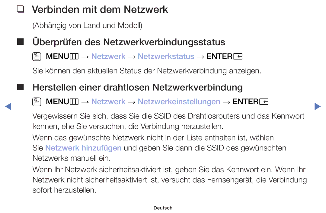 Samsung UE40M5075AUXXC, UE49M5075AUXXC manual Verbinden mit dem Netzwerk, OO MENUm → Netzwerk → Netzwerkstatus → Entere 