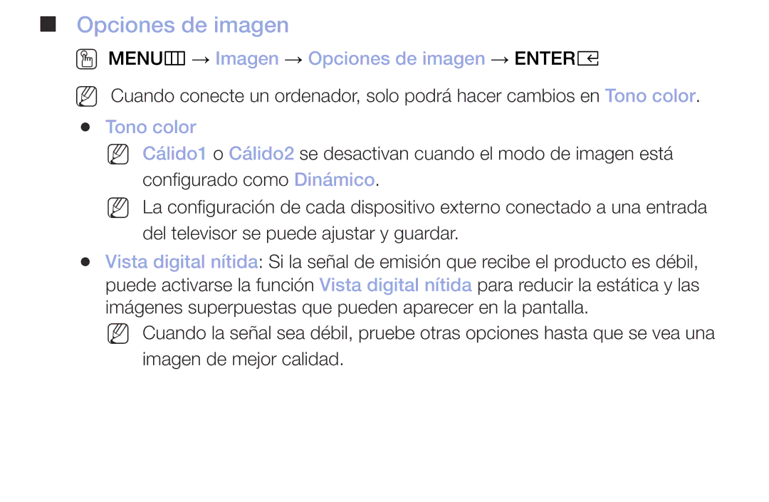 Samsung UE32M5005AWXXC, UE40M5075AUXXC, UE49M5075AUXXC manual OO MENUm → Imagen → Opciones de imagen → Entere, Tono color 