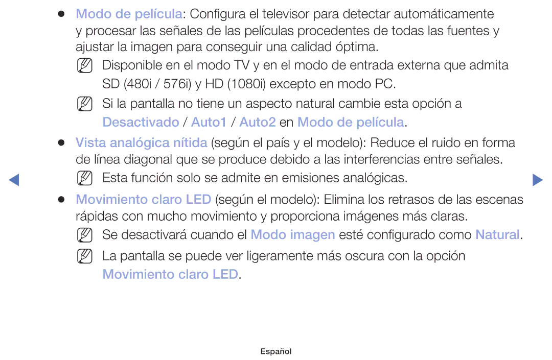 Samsung UE49M5075AUXXC, UE40M5075AUXXC manual Desactivado / Auto1 / Auto2 en Modo de película, Movimiento claro LED 