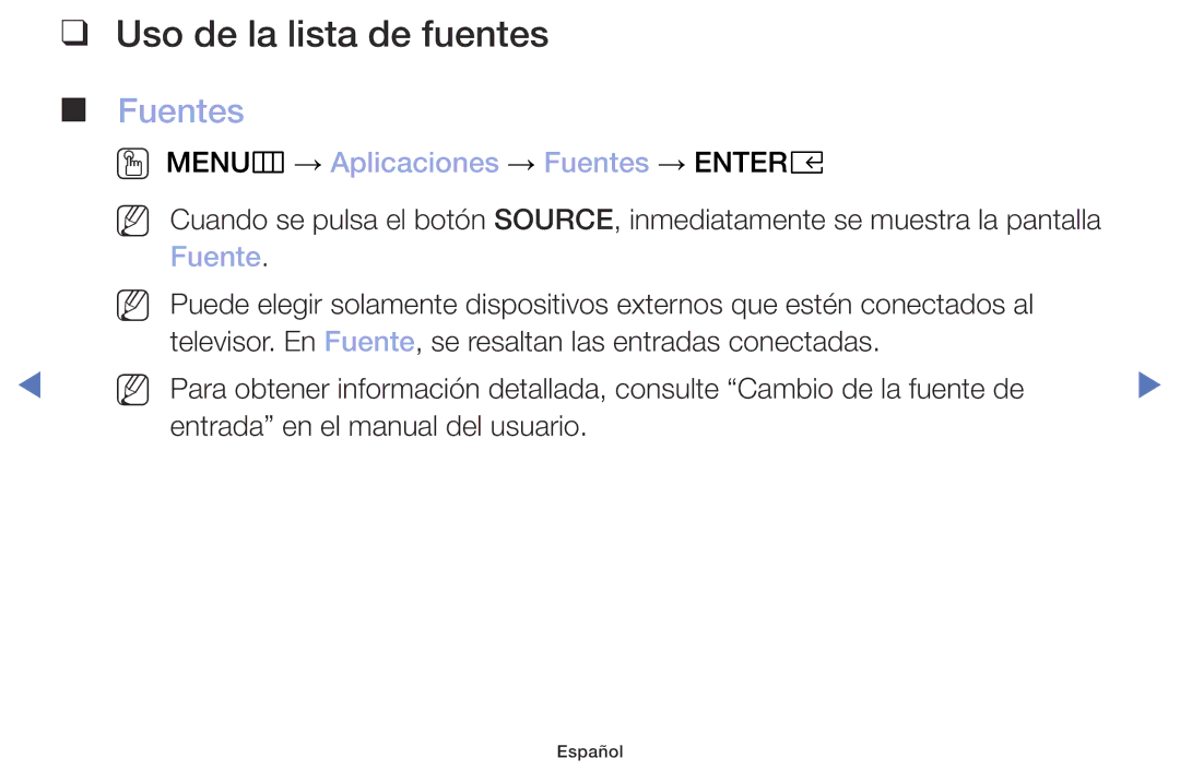 Samsung UE49M5005AWXXC, UE40M5075AUXXC manual Uso de la lista de fuentes, OO MENUm → Aplicaciones → Fuentes → Entere 