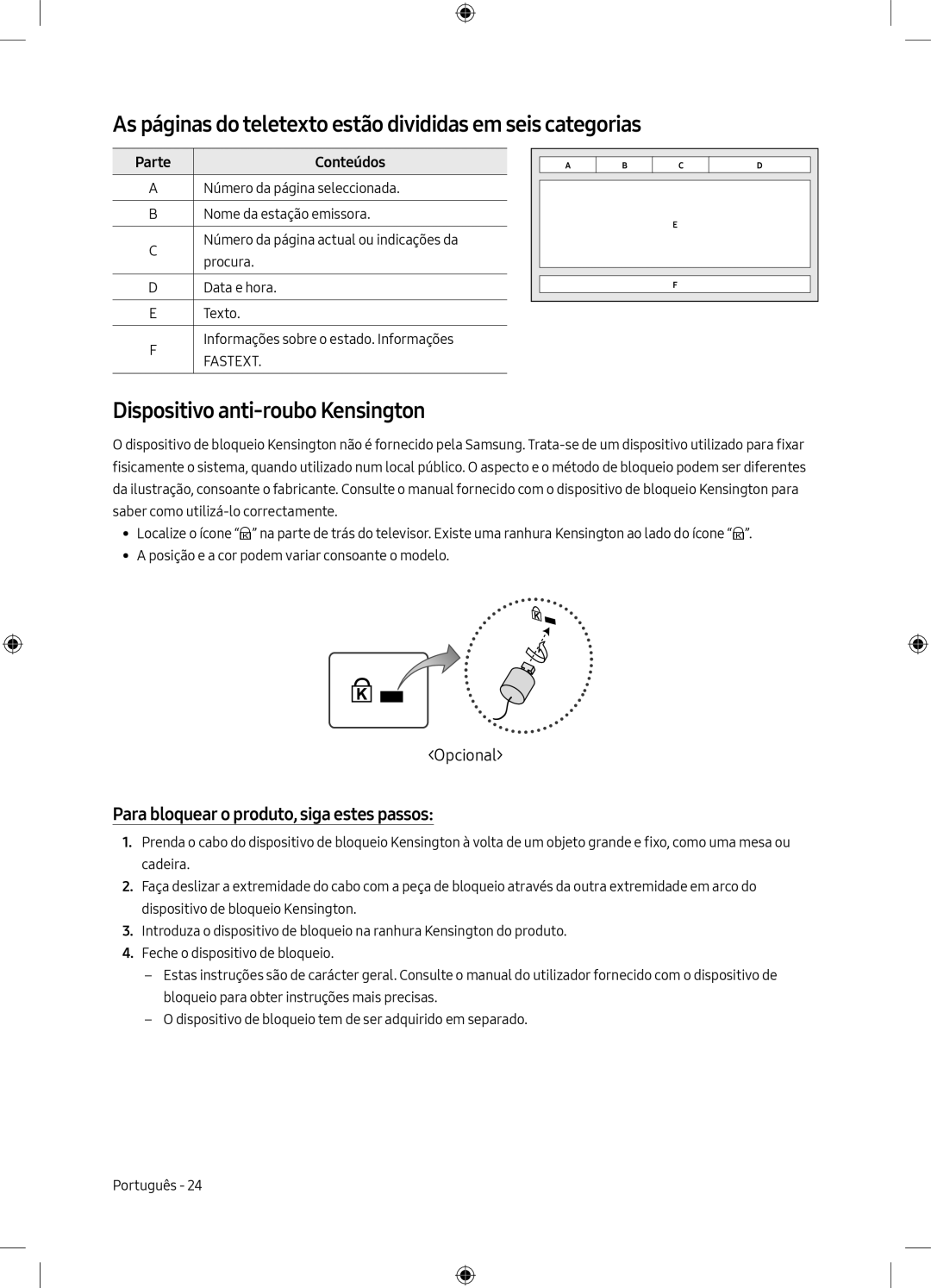 Samsung UE40M5075AUXXC manual As páginas do teletexto estão divididas em seis categorias, Dispositivo anti-roubo Kensington 