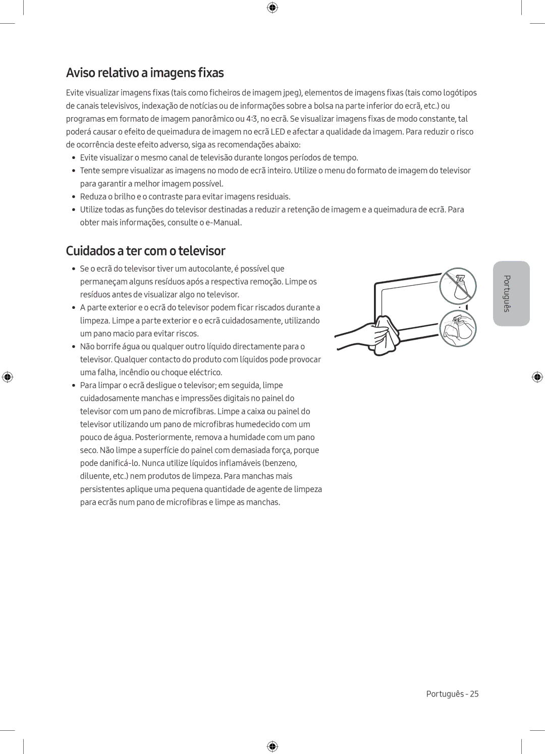 Samsung UE49M5075AUXXC, UE40M5075AUXXC, UE49M5005AWXXC manual Aviso relativo a imagens fixas, Cuidados a ter com o televisor 