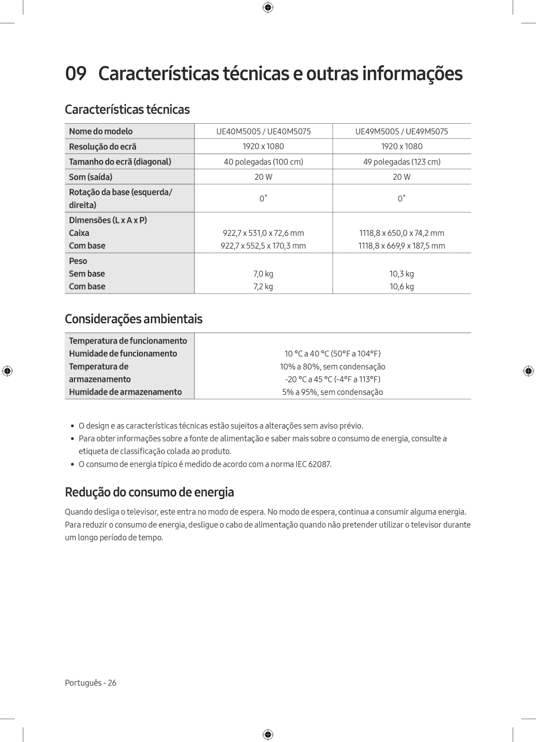 Samsung UE49M5005AWXXC, UE40M5075AUXXC manual Características técnicas e outras informações, Considerações ambientais 