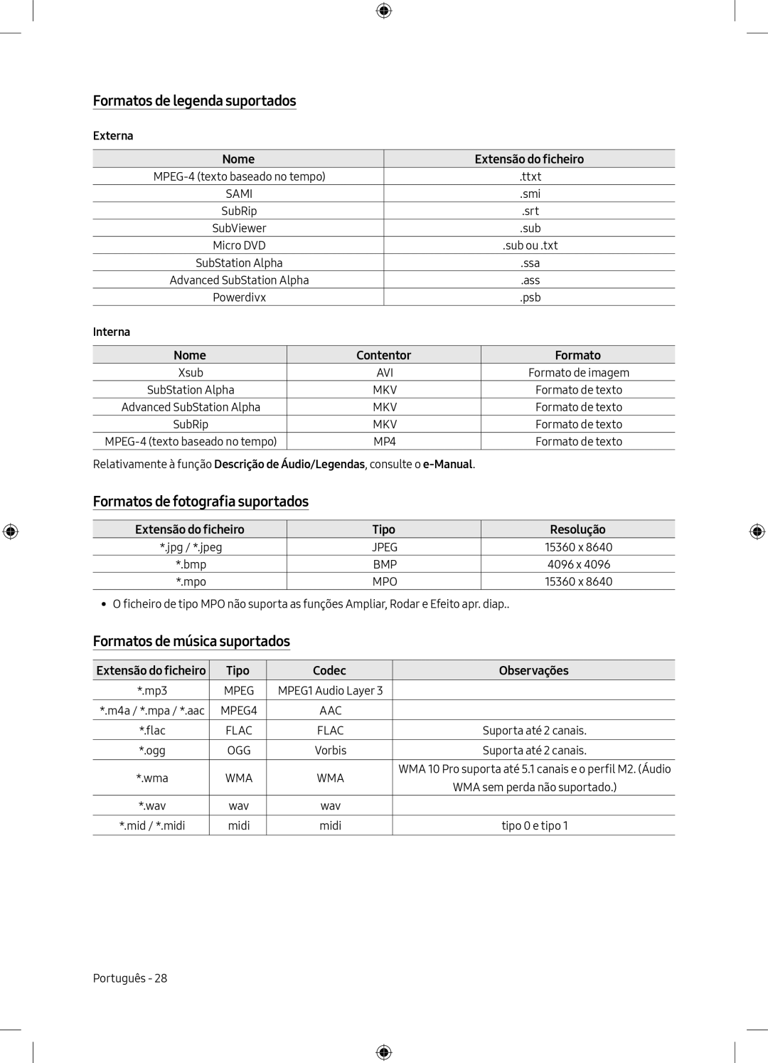 Samsung UE49M5005AKXXC Formatos de legenda suportados, Formatos de fotografia suportados, Formatos de música suportados 