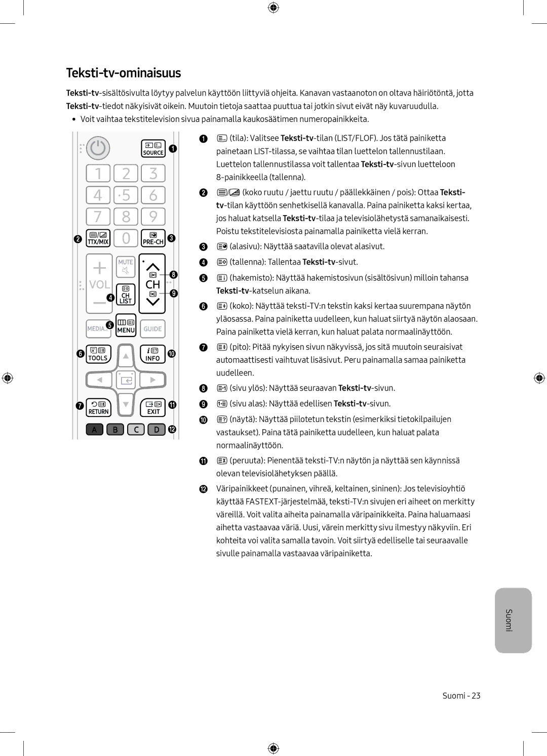 Samsung UE40M5005AKXXC manual Teksti-tv-ominaisuus, Teksti-tv-katselun aikana, Sivu alas Näyttää edellisen Teksti-tv-sivun 