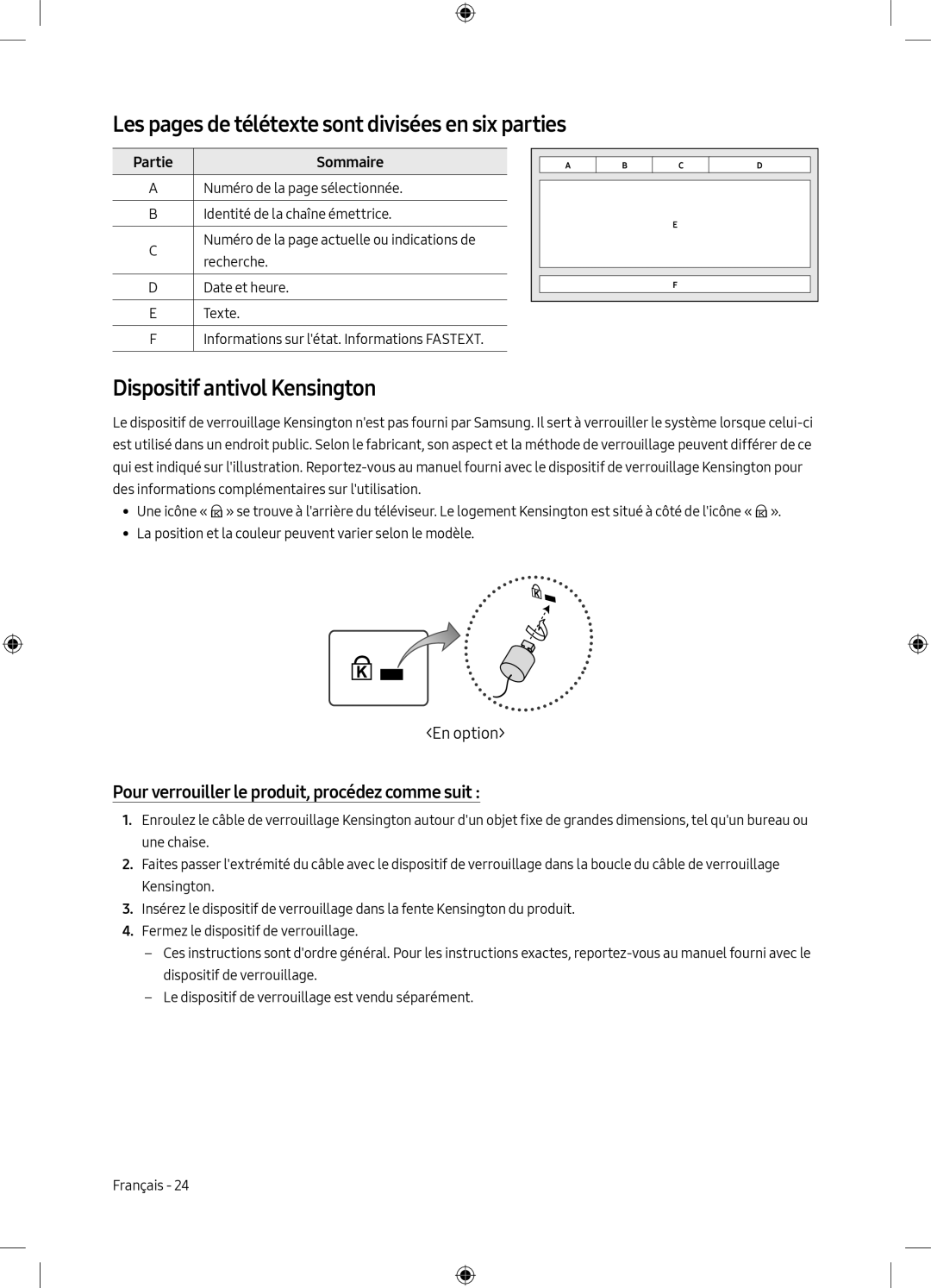 Samsung UE40M5075AUXXC manual Les pages de télétexte sont divisées en six parties, Dispositif antivol Kensington, Partie 