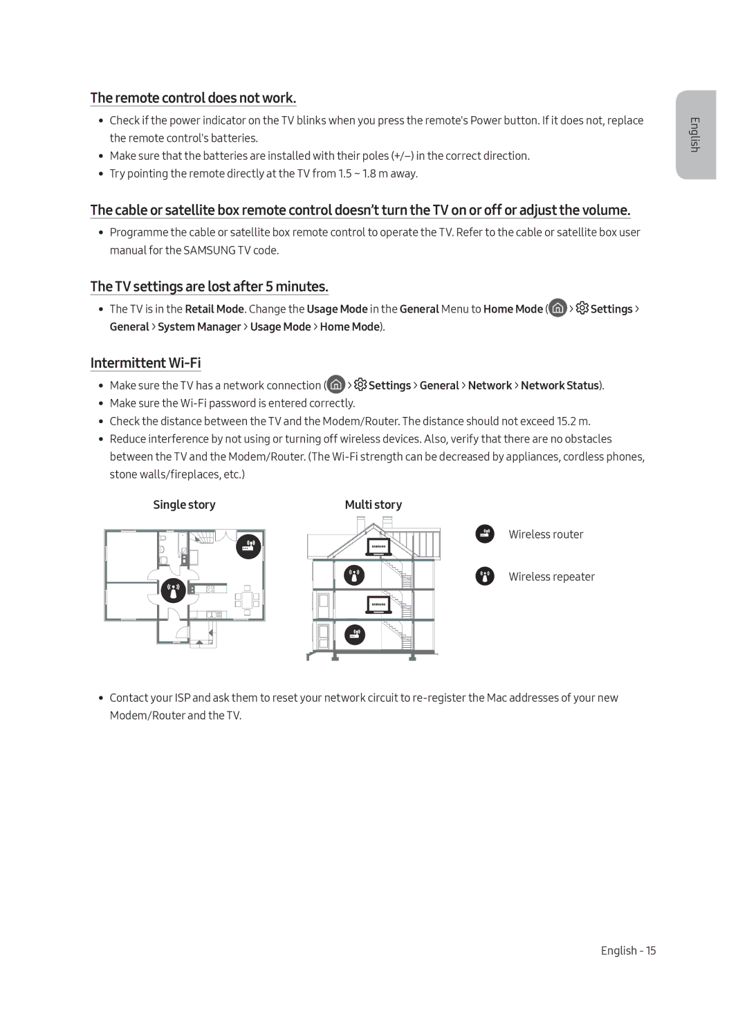 Samsung UE49MU6100WXXN manual Remote control does not work, TV settings are lost after 5 minutes, Intermittent Wi-Fi 