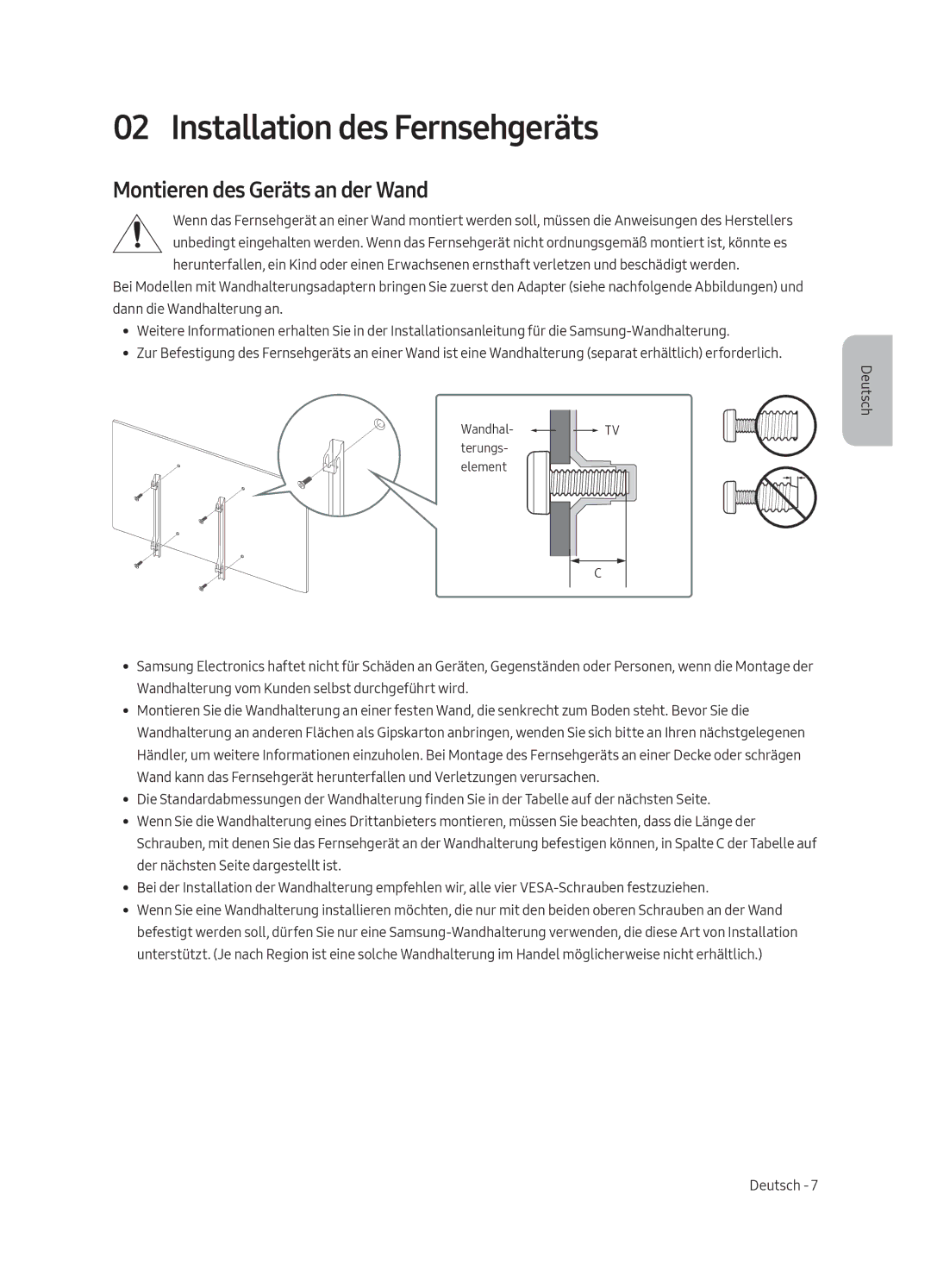 Samsung UE75MU6100WXXN, UE40MU6100WXXN, UE49MU6100WXXN Installation des Fernsehgeräts, Montieren des Geräts an der Wand 