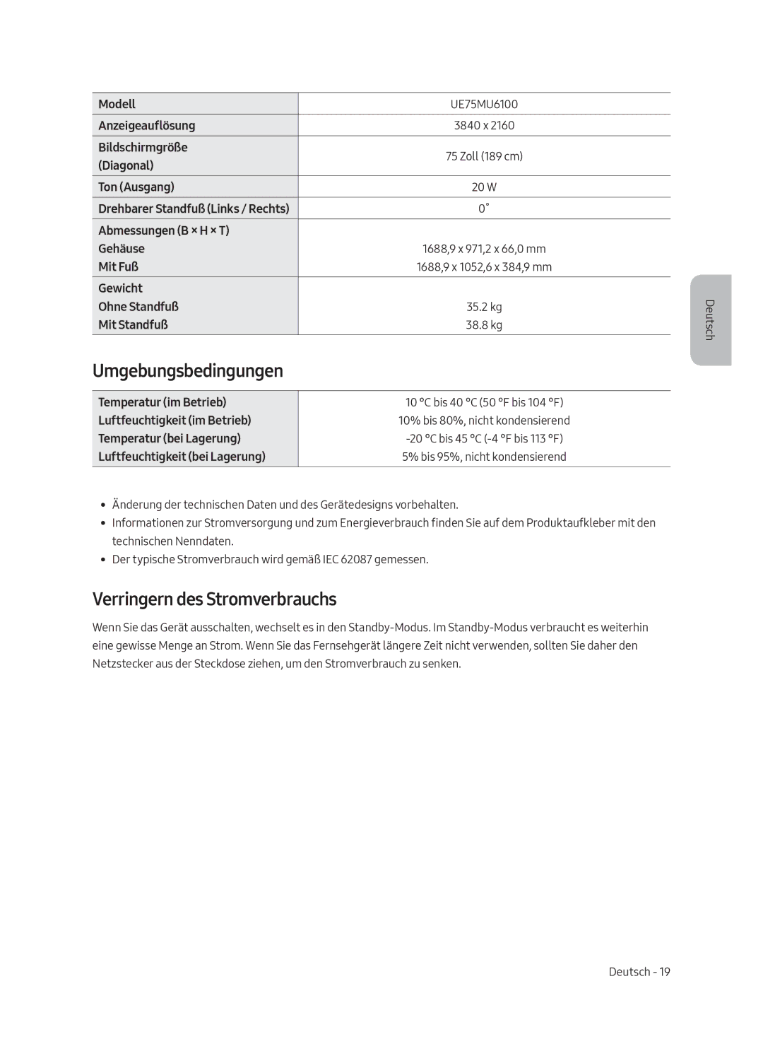 Samsung UE55MU6100WXXN, UE40MU6100WXXN, UE49MU6100WXXN, UE43MU6100WXXN Umgebungsbedingungen, Verringern des Stromverbrauchs 