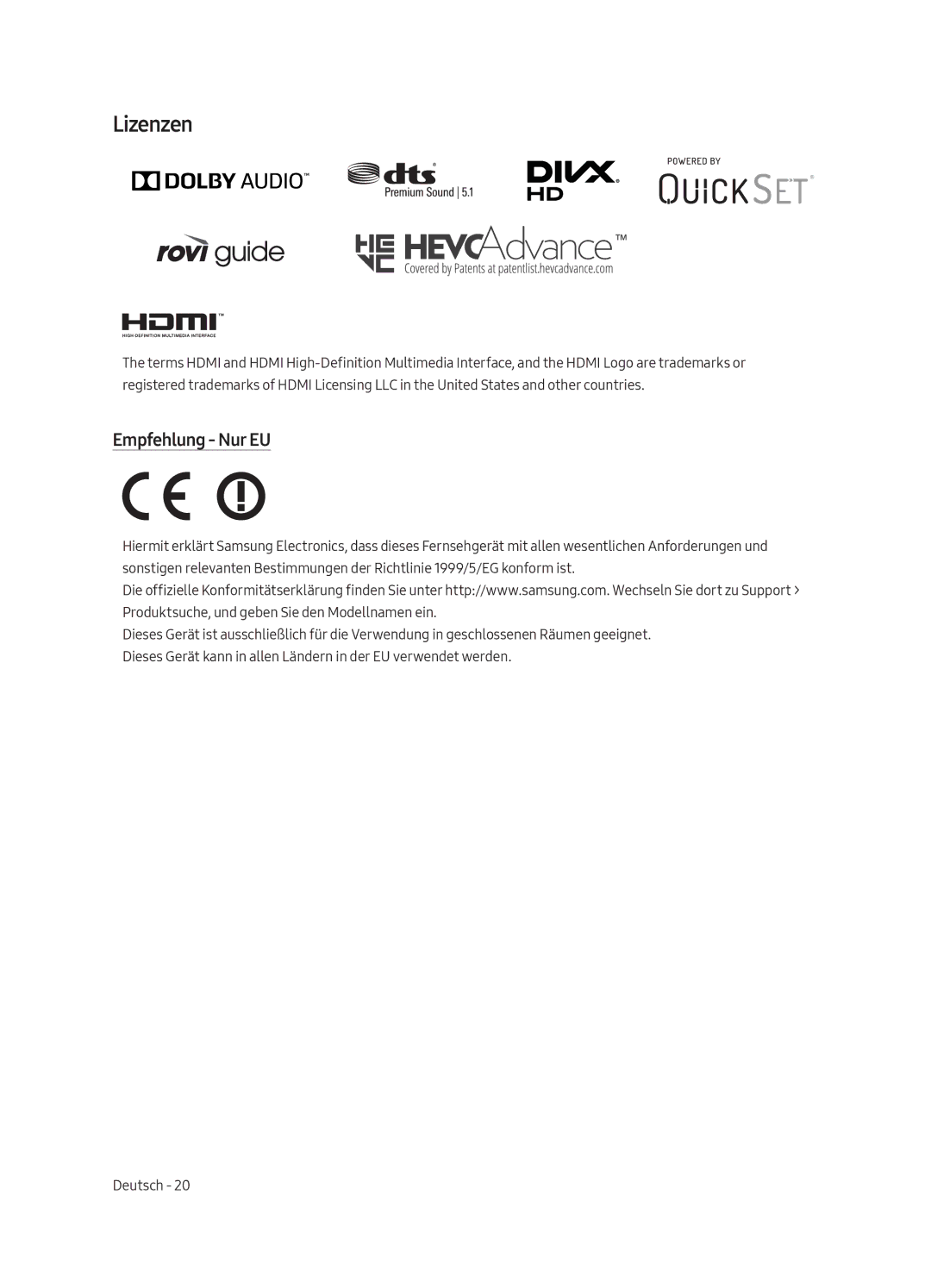 Samsung UE65MU6100WXXN, UE40MU6100WXXN, UE49MU6100WXXN, UE43MU6100WXXN, UE55MU6100WXXN manual Lizenzen, Empfehlung Nur EU 