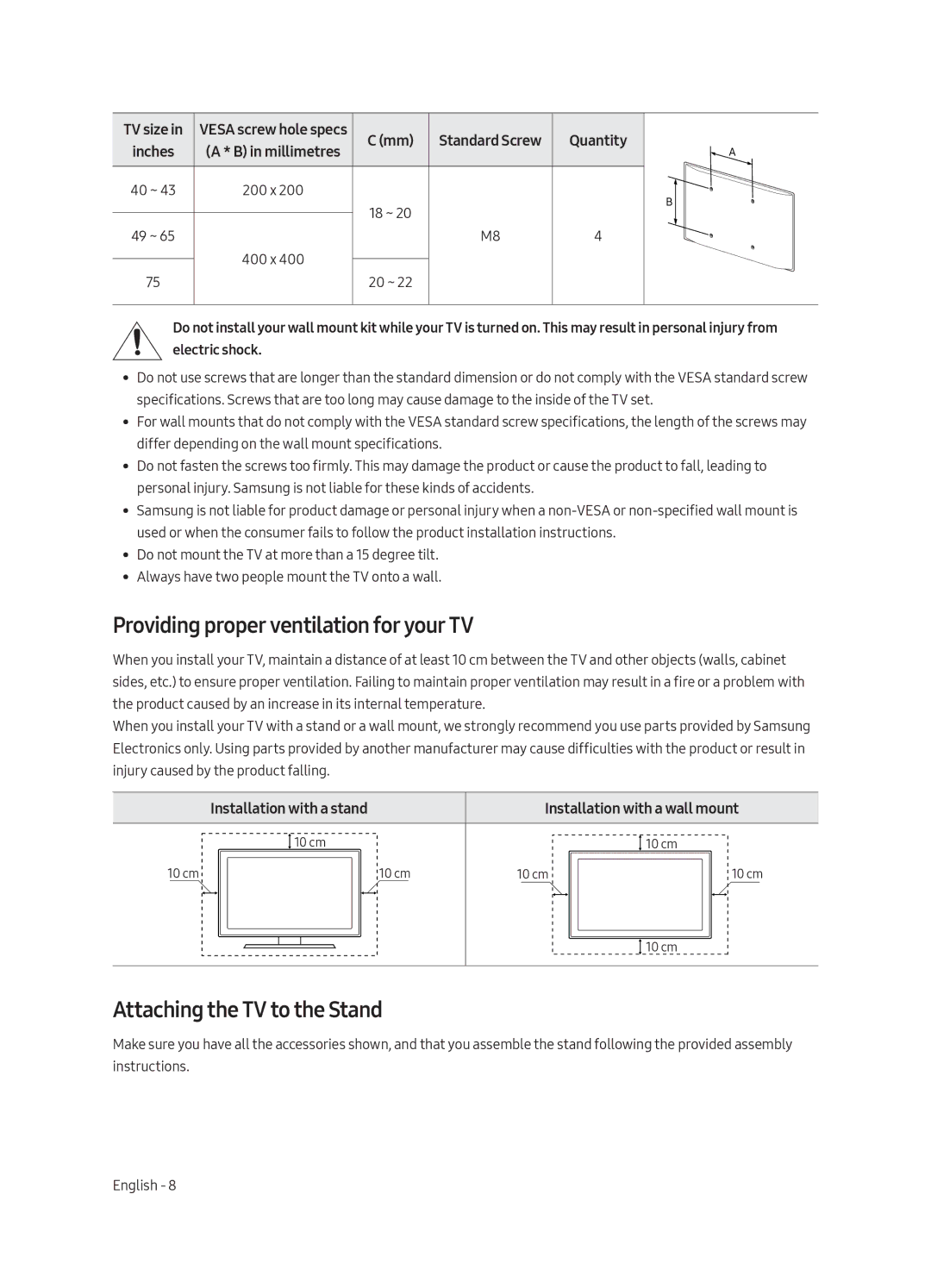 Samsung UE49MU6100WXXN, UE40MU6100WXXN manual Providing proper ventilation for your TV, Attaching the TV to the Stand 