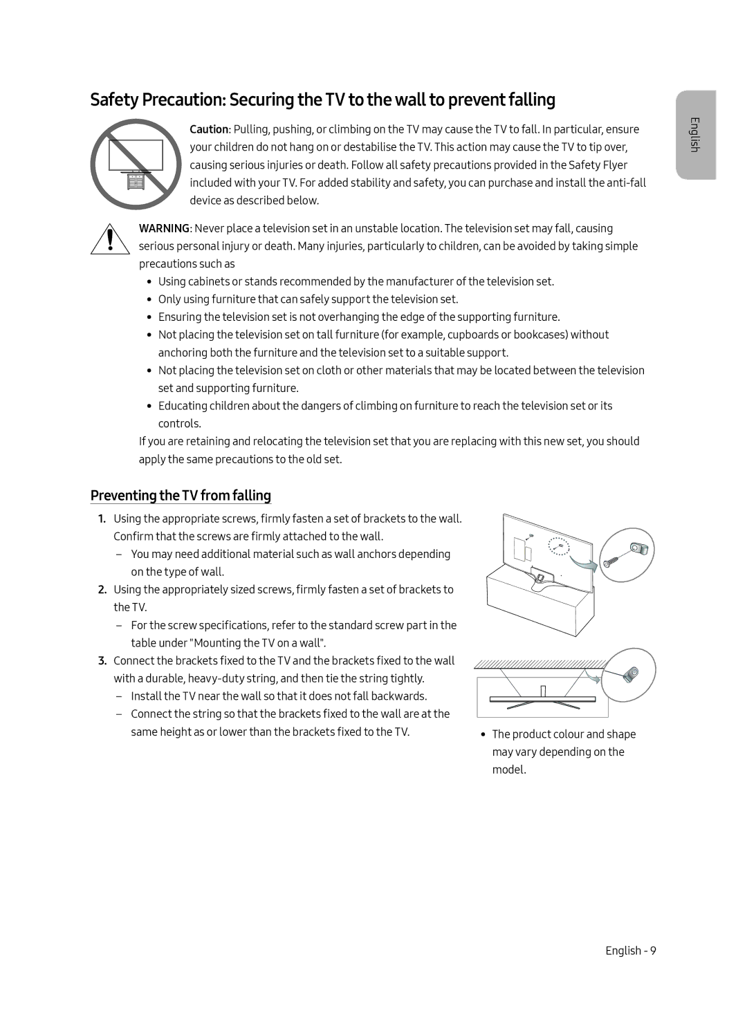 Samsung UE43MU6100WXXN, UE40MU6100WXXN, UE49MU6100WXXN, UE55MU6100WXXN, UE65MU6100WXXN manual Preventing the TV from falling 