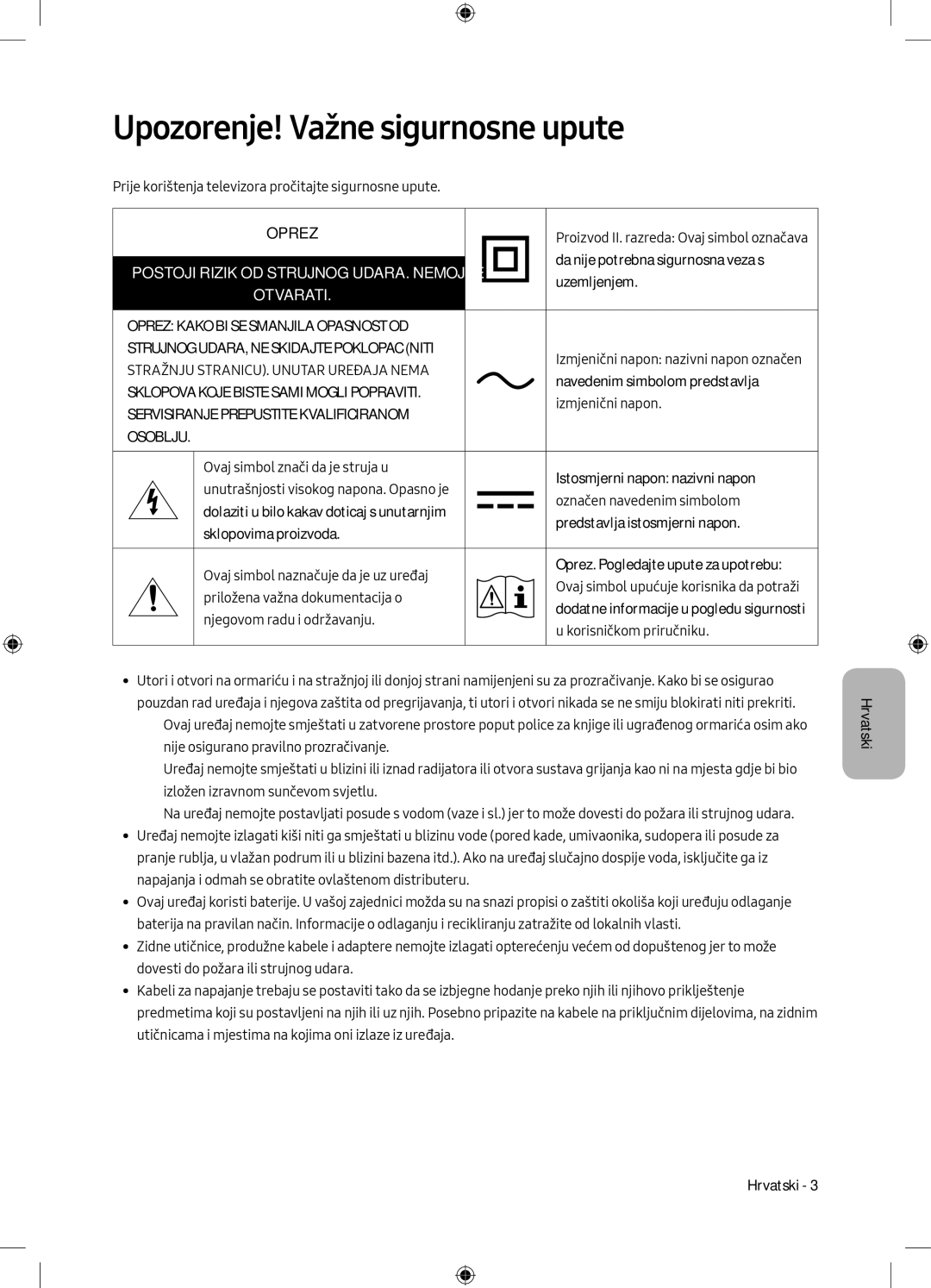 Samsung UE49MU6102KXXH, UE40MU6102KXXH, UE50MU6172UXXH, UE55MU6172UXXH manual Upozorenje! Važne sigurnosne upute, Oprez 