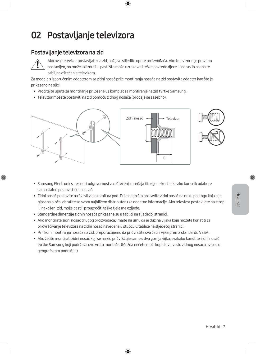 Samsung UE65MU6172UXXH, UE40MU6102KXXH, UE50MU6172UXXH, UE55MU6172UXXH, UE50MU6102KXXH Postavljanje televizora na zid 