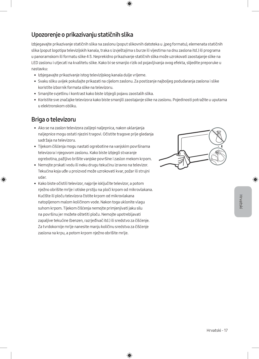 Samsung UE49MU6102KXXH, UE40MU6102KXXH, UE50MU6172UXXH manual Upozorenje o prikazivanju statičnih slika, Briga o televizoru 