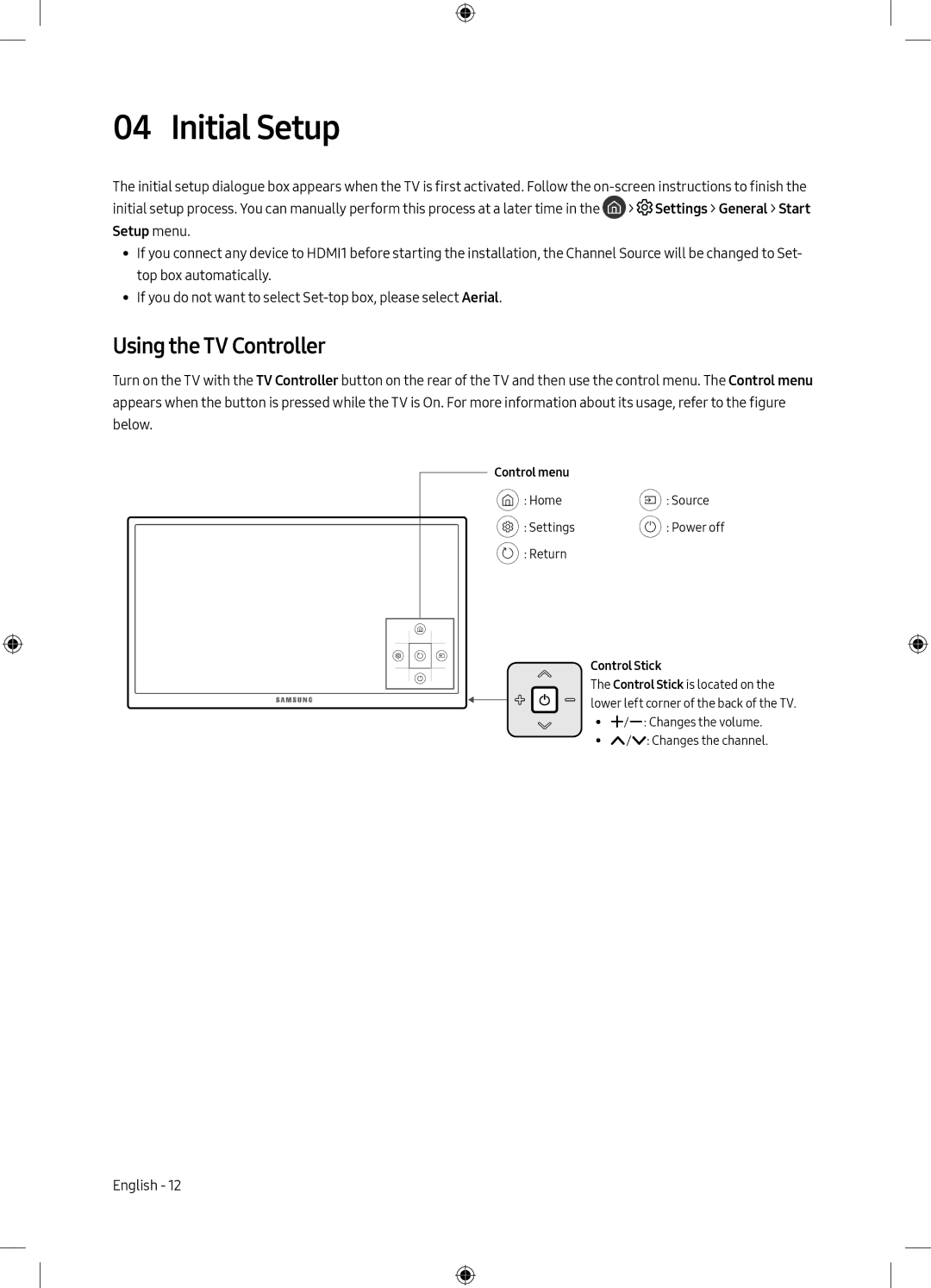 Samsung UE65MU6102KXXH, UE40MU6102KXXH, UE50MU6172UXXH Initial Setup, Using the TV Controller, Control menu, Control Stick 