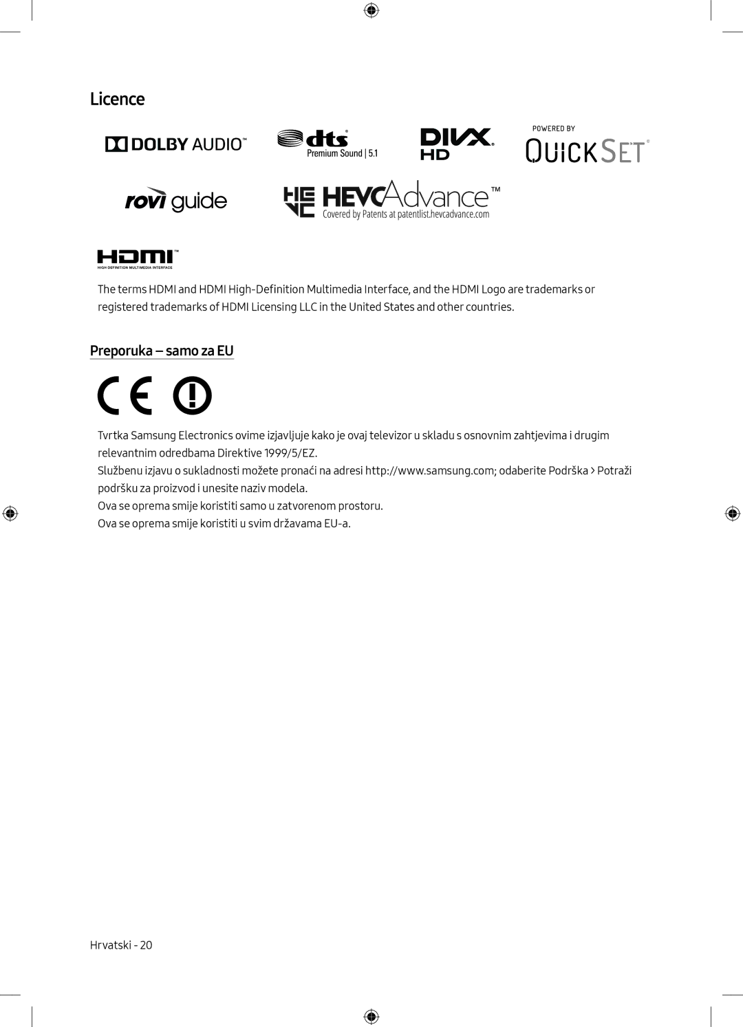 Samsung UE75MU6172UXXH, UE40MU6102KXXH, UE50MU6172UXXH, UE55MU6172UXXH, UE50MU6102KXXH manual Licence, Preporuka samo za EU 