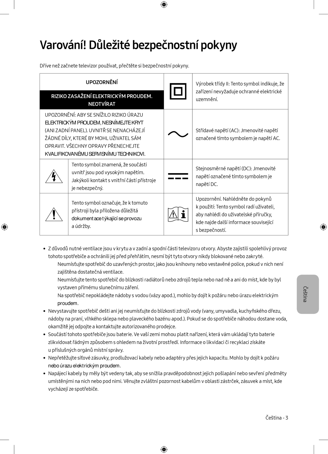 Samsung UE49MU6172UXXH, UE40MU6102KXXH manual Varování! Důležité bezpečnostní pokyny, Riziko Zasažení Elektrickým Proudem 