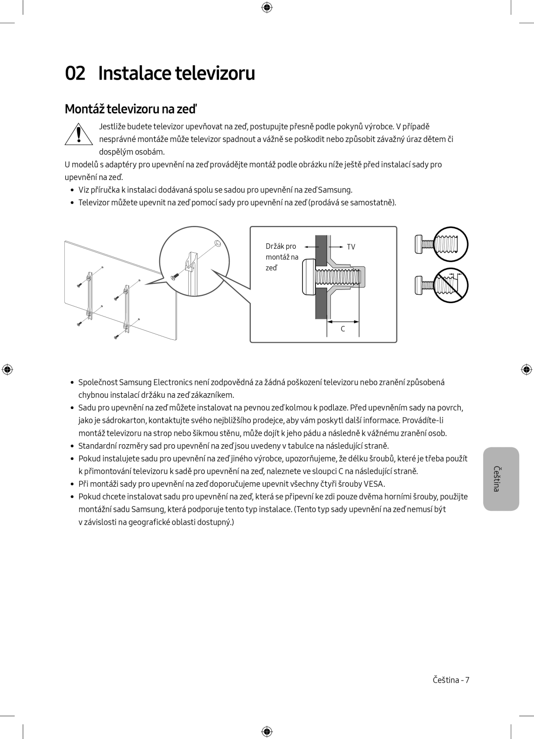 Samsung UE50MU6172UXXH, UE40MU6102KXXH, UE55MU6172UXXH, UE50MU6102KXXH manual Instalace televizoru, Montáž televizoru na zeď 