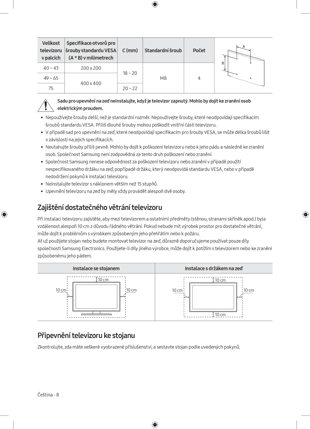 Samsung UE55MU6172UXXH manual Zajištění dostatečného větrání televizoru, Připevnění televizoru ke stojanu, Velikost 