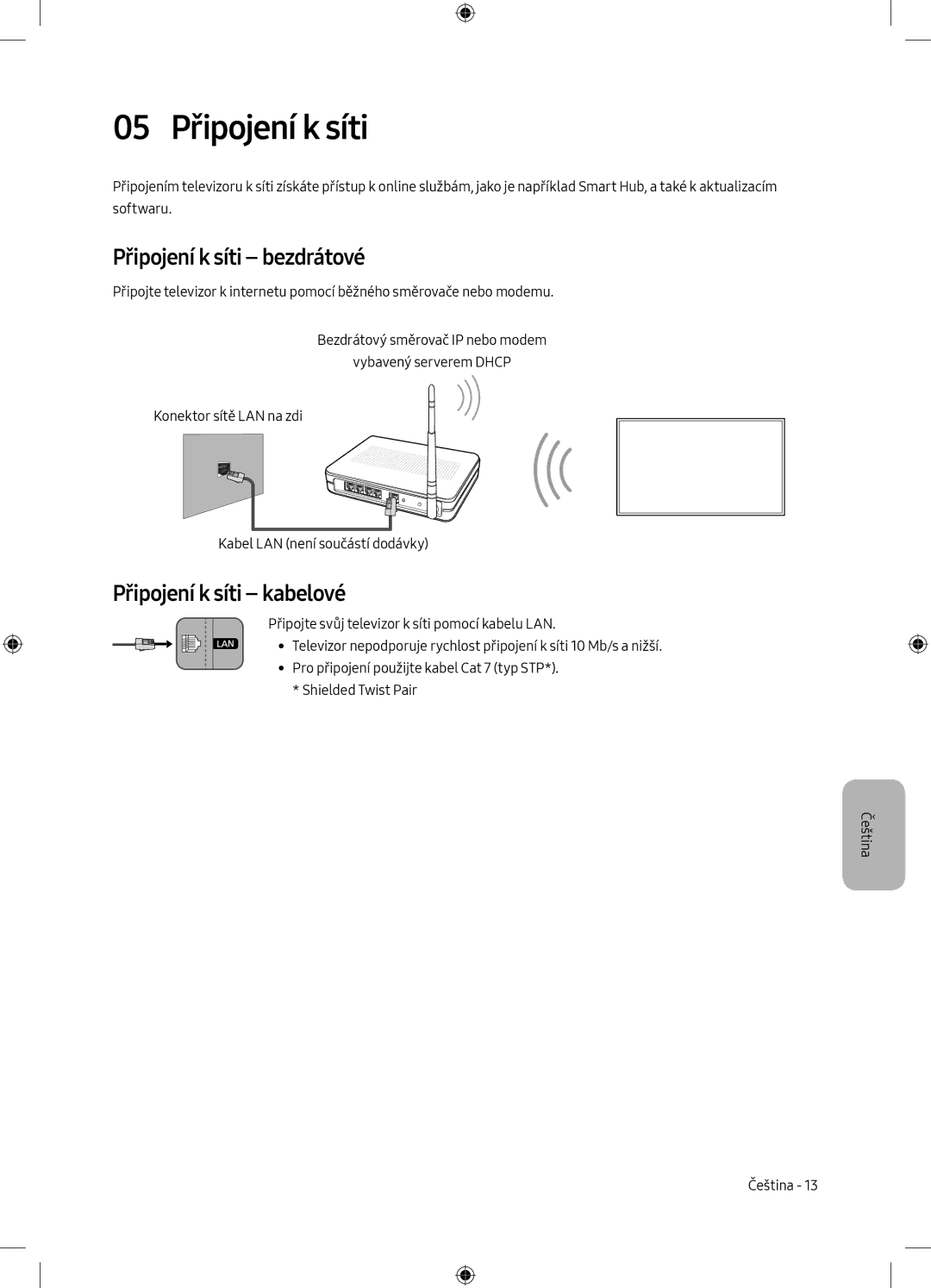 Samsung UE43MU6172UXXH, UE40MU6102KXXH manual 05 Připojení k síti, Připojení k síti bezdrátové, Připojení k síti kabelové 