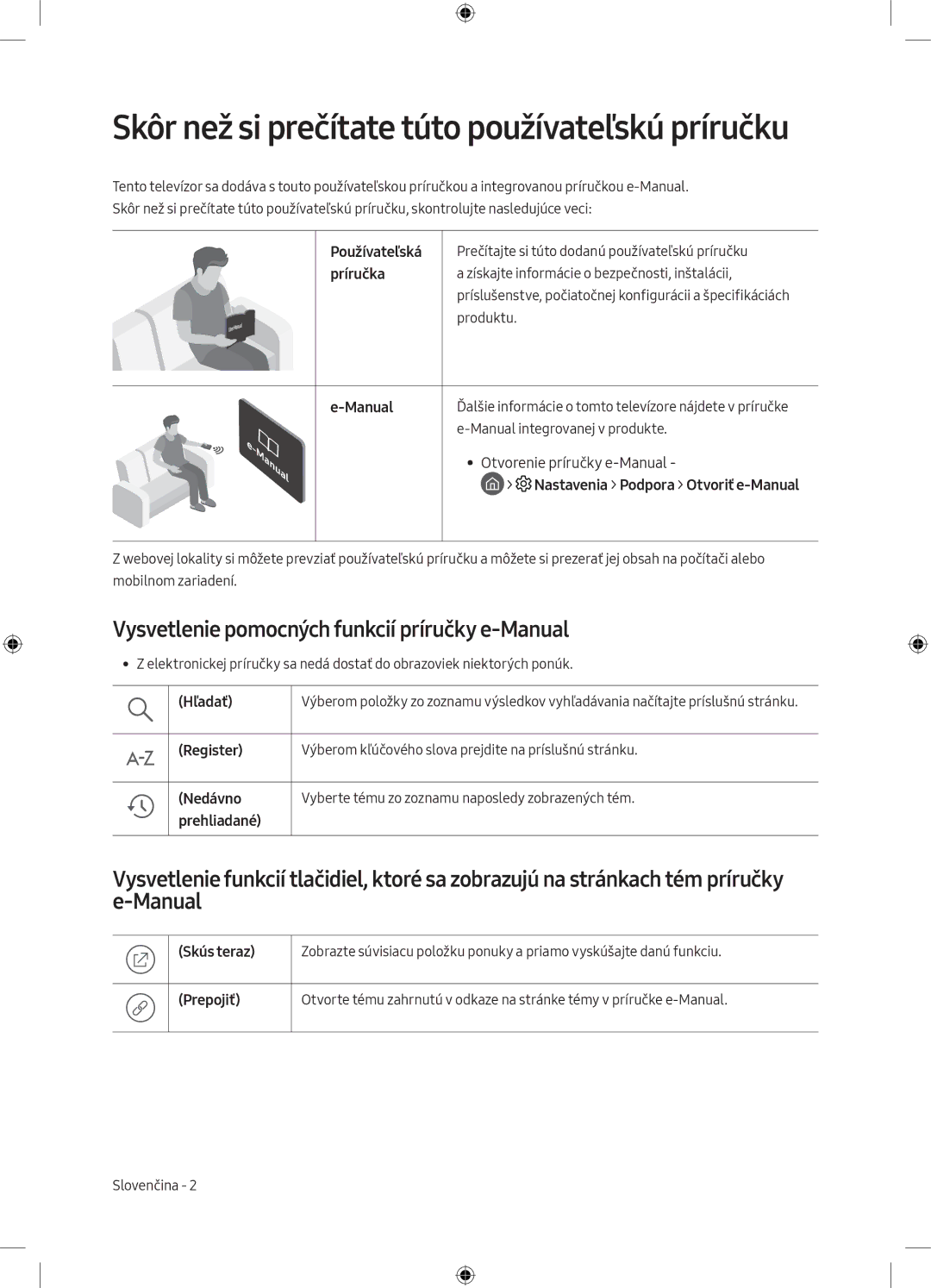 Samsung UE55MU6172UXXH Skôr než si prečítate túto používateľskú príručku, Vysvetlenie pomocných funkcií príručky e-Manual 