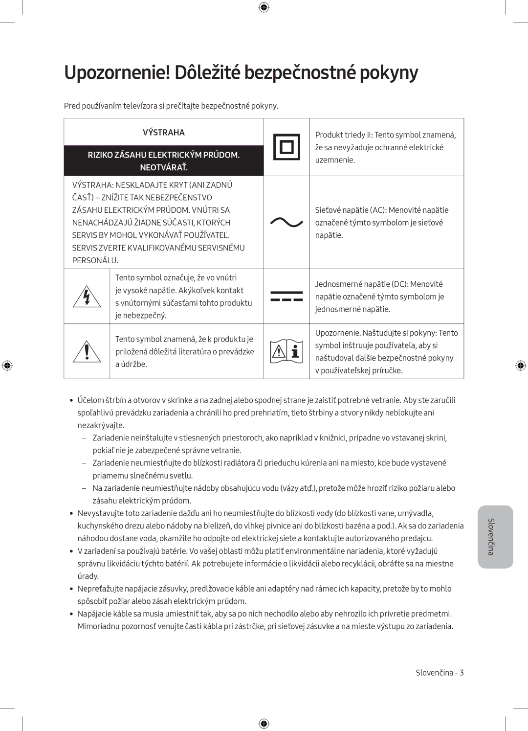 Samsung UE50MU6102KXXH, UE40MU6102KXXH manual Upozornenie! Dôležité bezpečnostné pokyny, Riziko Zásahu Elektrickým Prúdom 