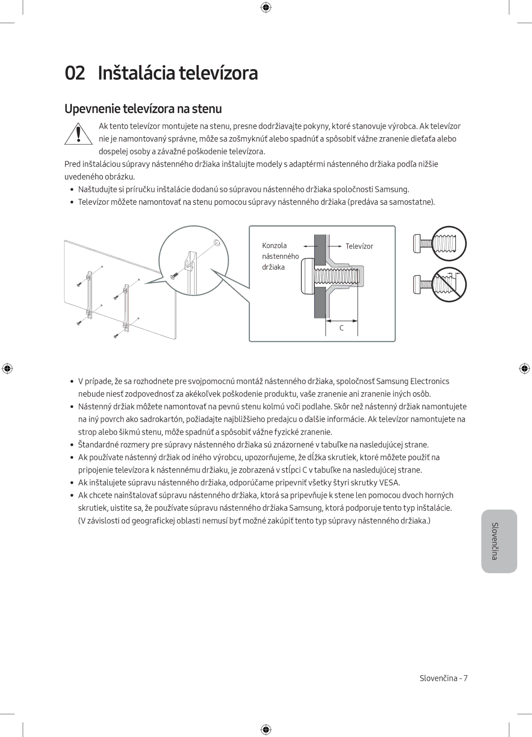 Samsung UE43MU6172UXXH, UE40MU6102KXXH, UE50MU6172UXXH manual 02 Inštalácia televízora, Upevnenie televízora na stenu 