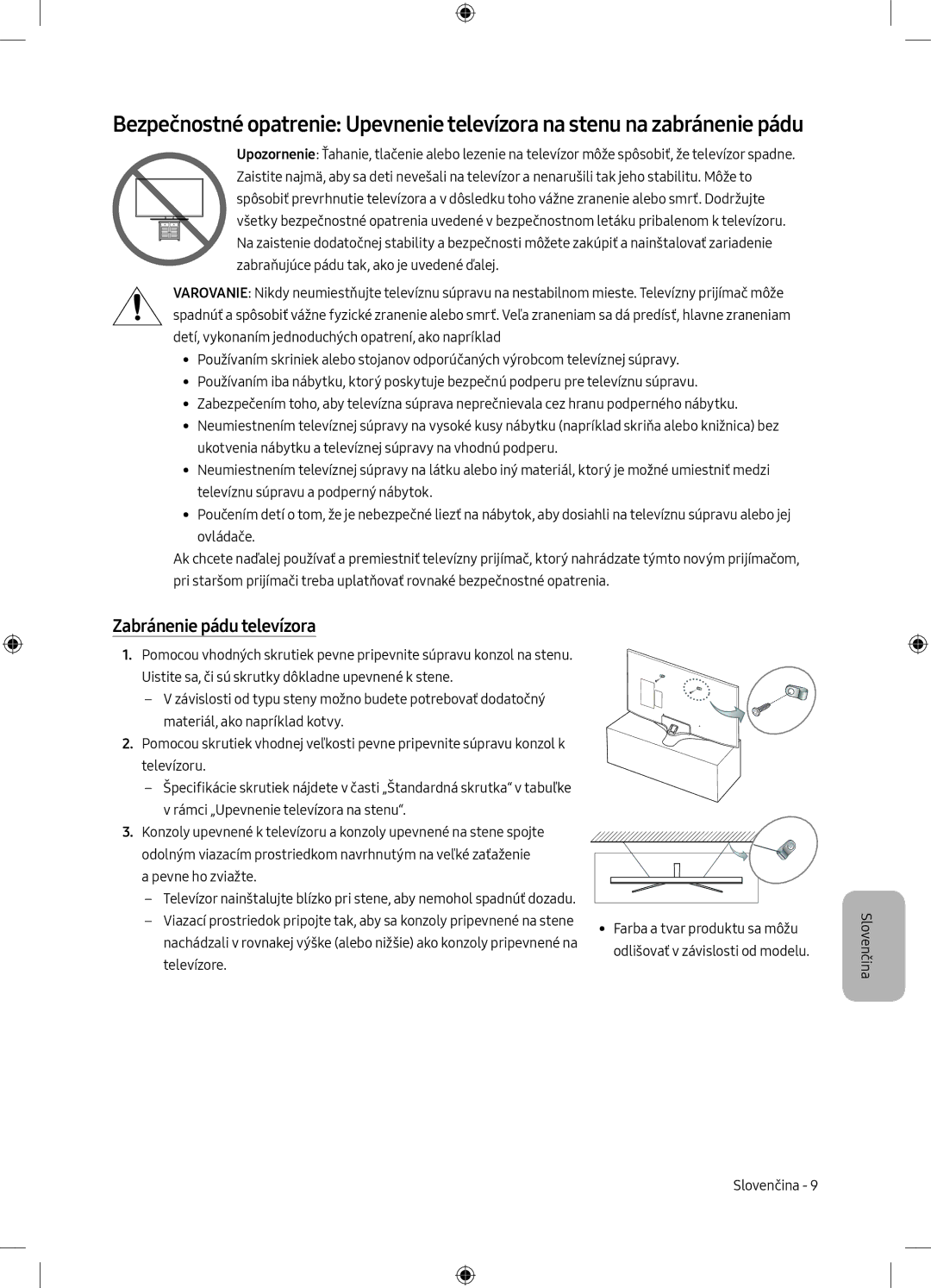 Samsung UE65MU6172UXXH, UE40MU6102KXXH, UE50MU6172UXXH, UE55MU6172UXXH, UE50MU6102KXXH manual Zabránenie pádu televízora 