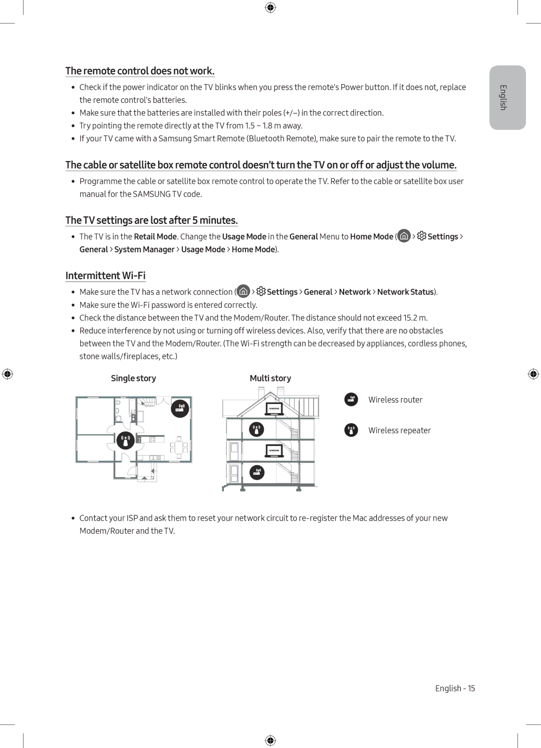 Samsung UE50MU6172UXXH manual Remote control does not work, TV settings are lost after 5 minutes, Intermittent Wi-Fi 