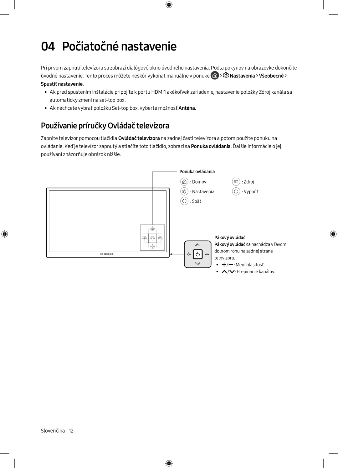 Samsung UE65MU6102KXXH, UE40MU6102KXXH 04 Počiatočné nastavenie, Používanie príručky Ovládač televízora, Ponuka ovládania 