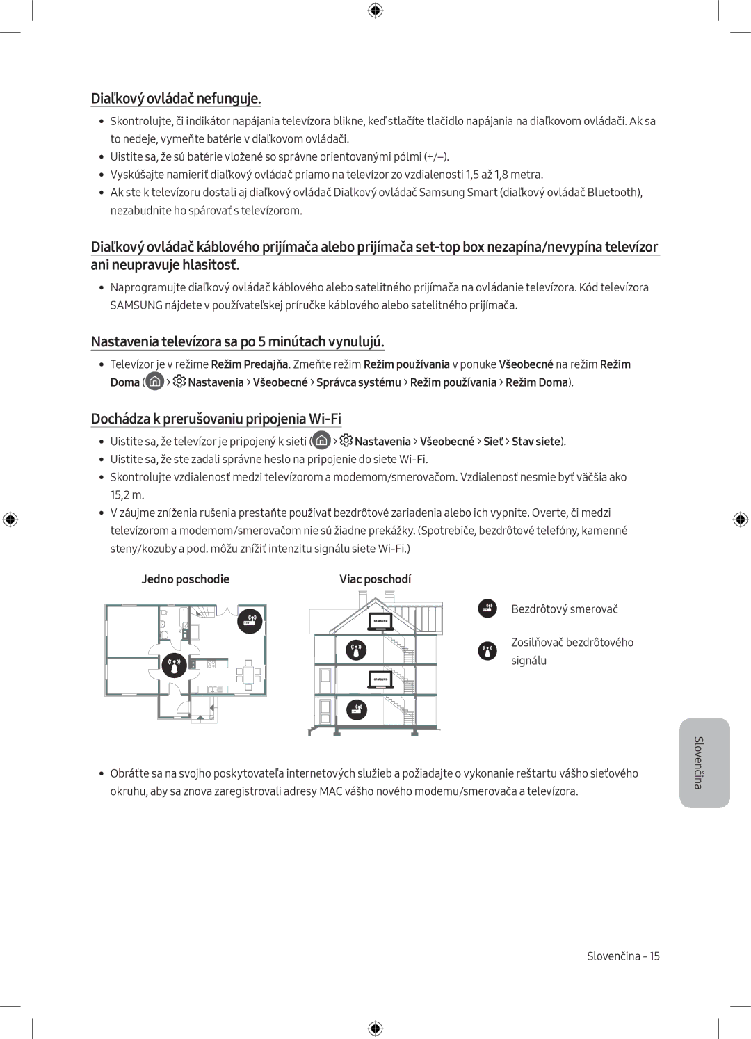 Samsung UE50MU6172UXXH manual Diaľkový ovládač nefunguje, Nastavenia televízora sa po 5 minútach vynulujú, Jedno poschodie 