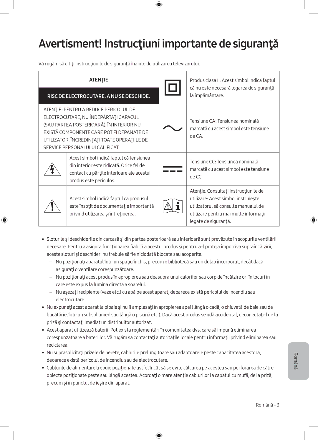 Samsung UE65MU6172UXXH, UE40MU6102KXXH, UE50MU6172UXXH, UE55MU6172UXXH Avertisment! Instrucţiuni importante de siguranţă 