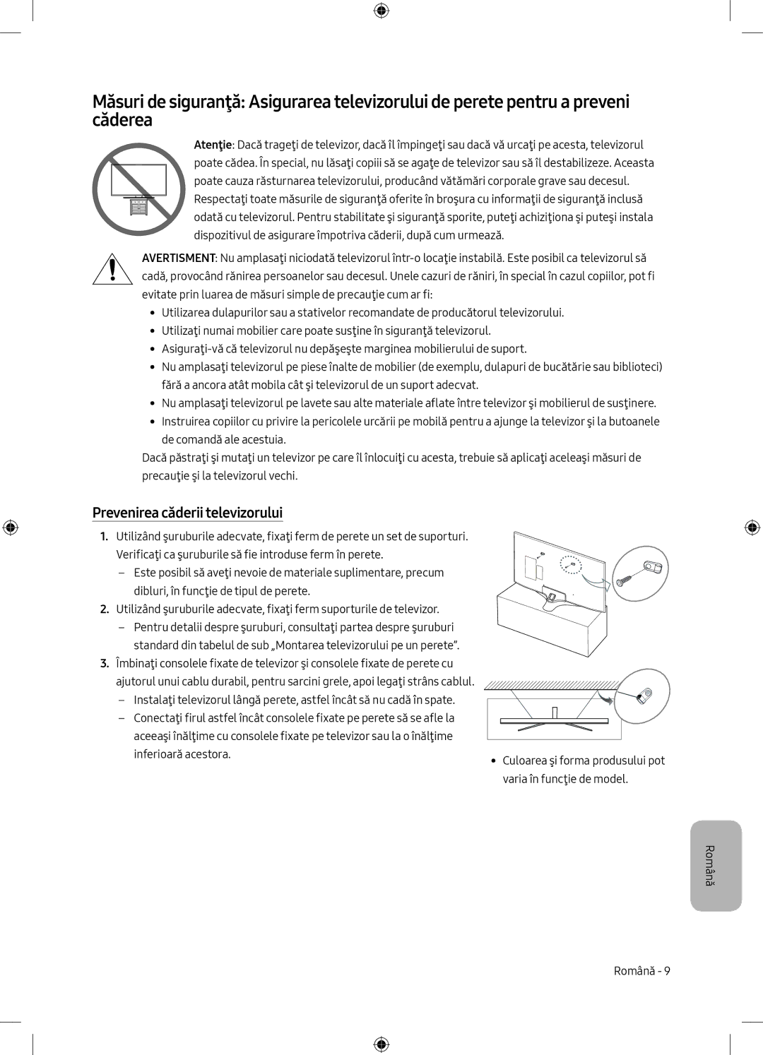 Samsung UE50MU6172UXXH, UE40MU6102KXXH, UE55MU6172UXXH, UE50MU6102KXXH, UE55MU6102KXXH manual Prevenirea căderii televizorului 