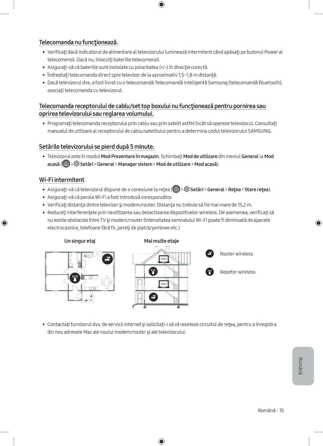 Samsung UE43MU6172UXXH manual Telecomanda nu funcţionează, Setările televizorului se pierd după 5 minute, Wi-Fi intermitent 