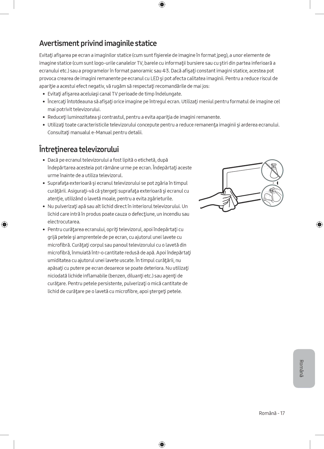 Samsung UE65MU6172UXXH, UE40MU6102KXXH, UE50MU6172UXXH Avertisment privind imaginile statice, Întreţinerea televizorului 